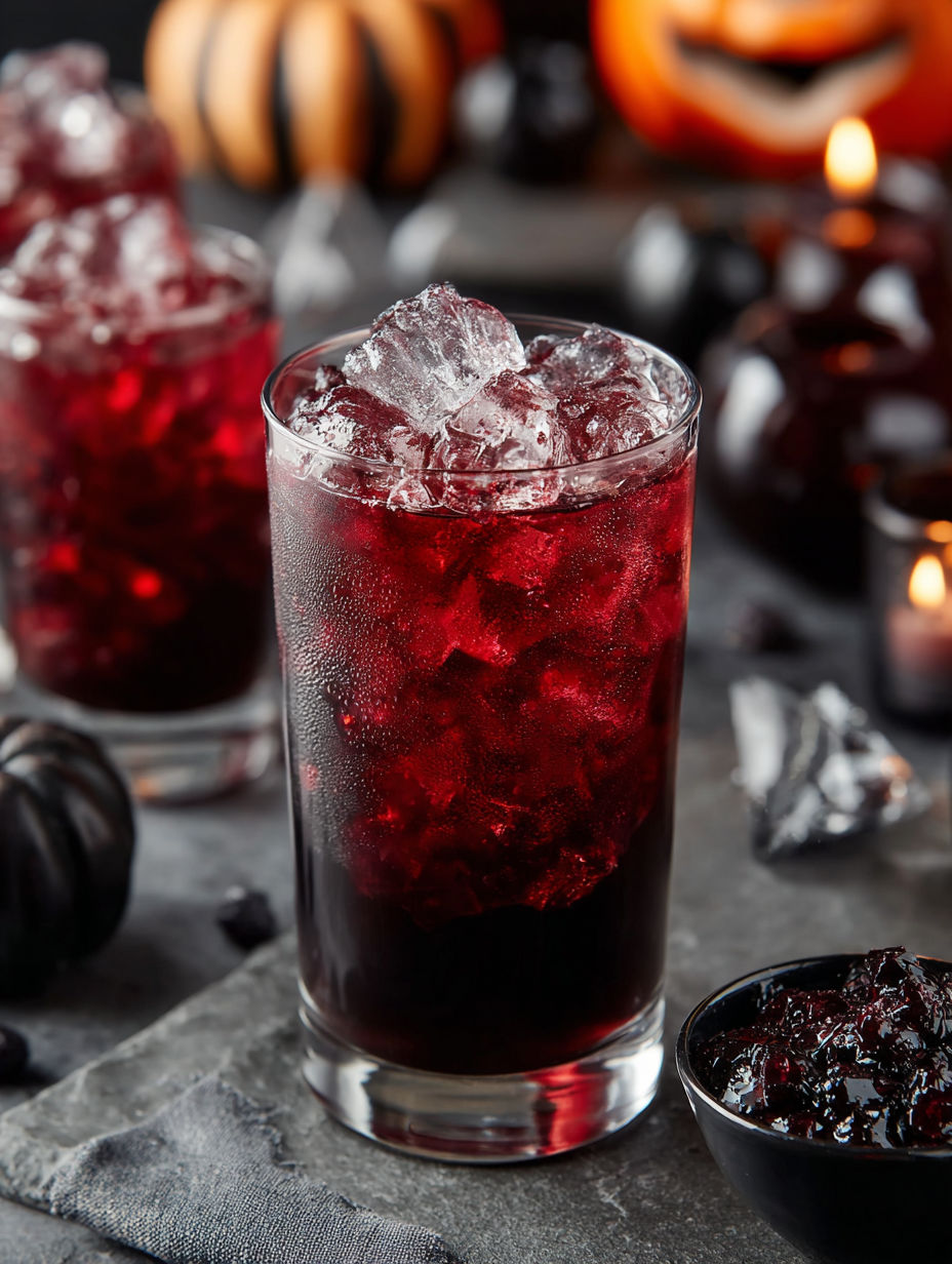 A glass of red liquid with ice and a straw.