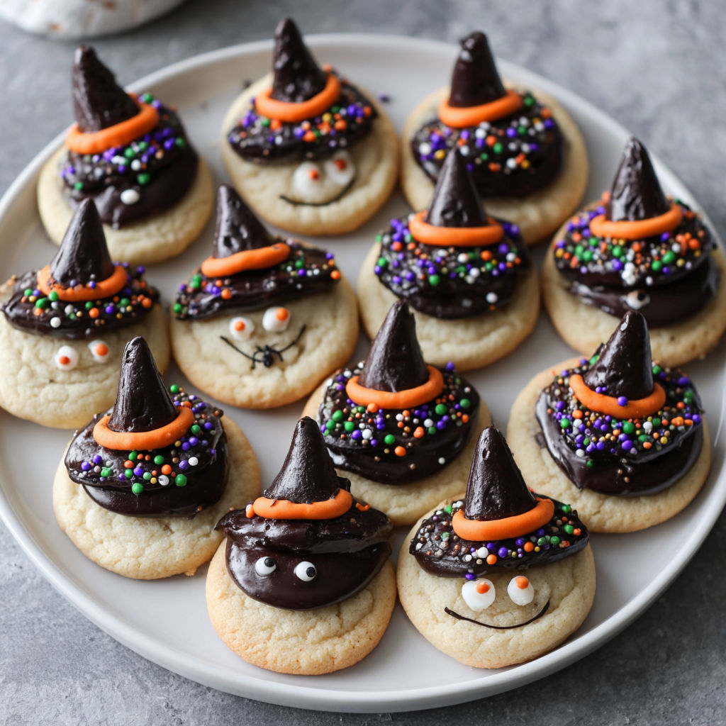 A plate of Halloween cookies with witch hats on them.