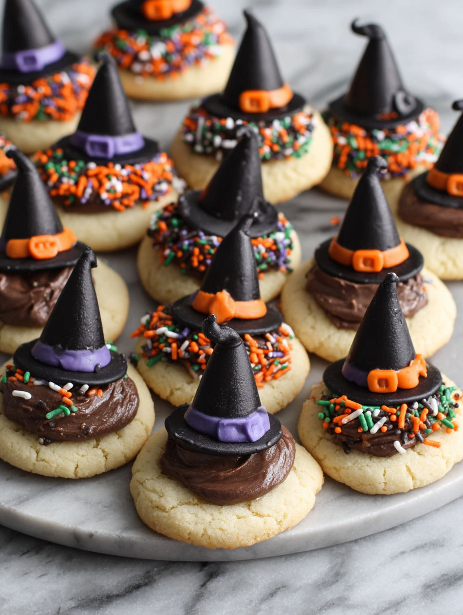 Halloween cookies with chocolate frosting and candy decorations.