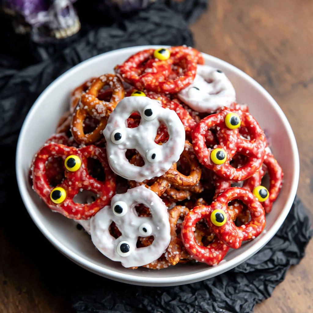 A bowl of pretzel snacks with googly eyes.