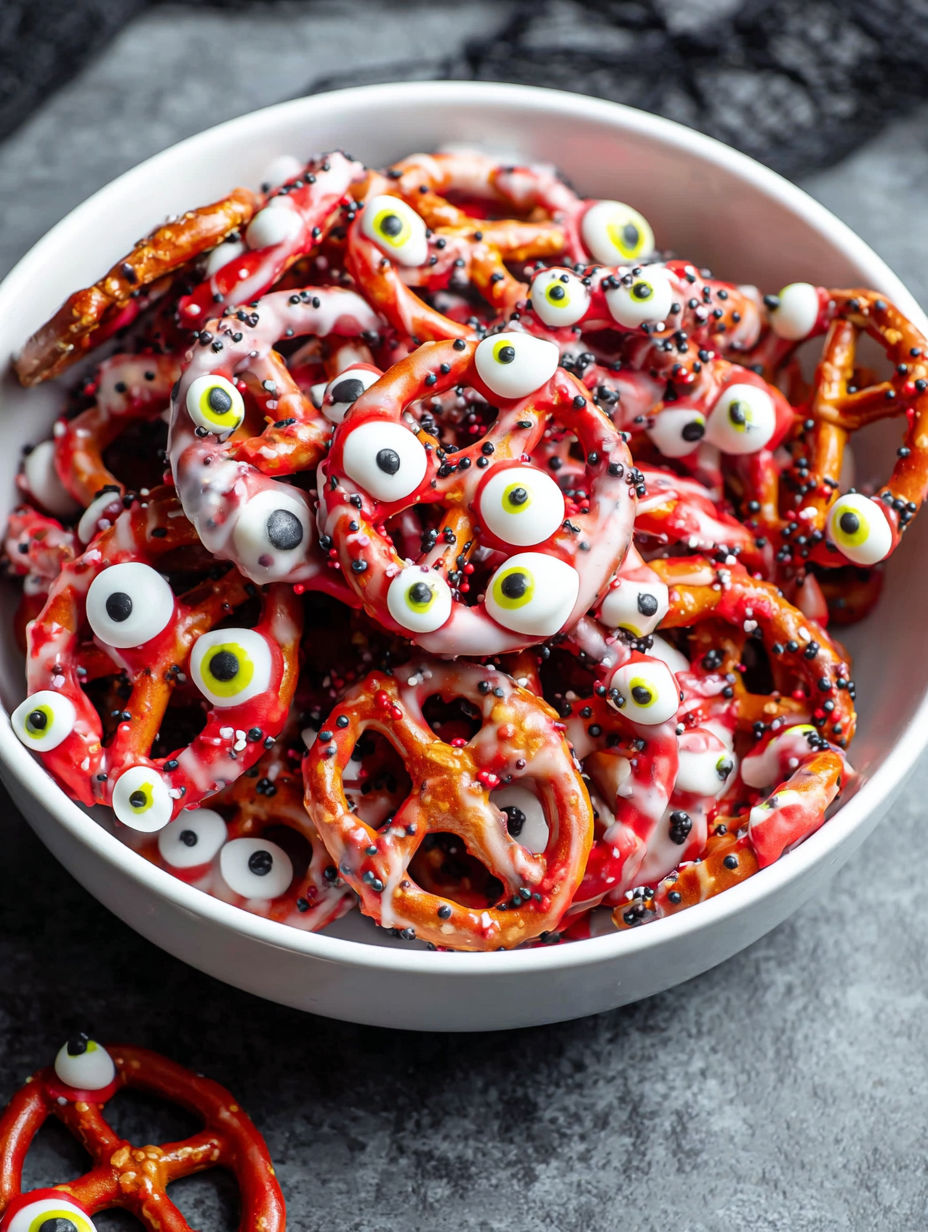 A bowl of pretzels with eyes drawn on them.