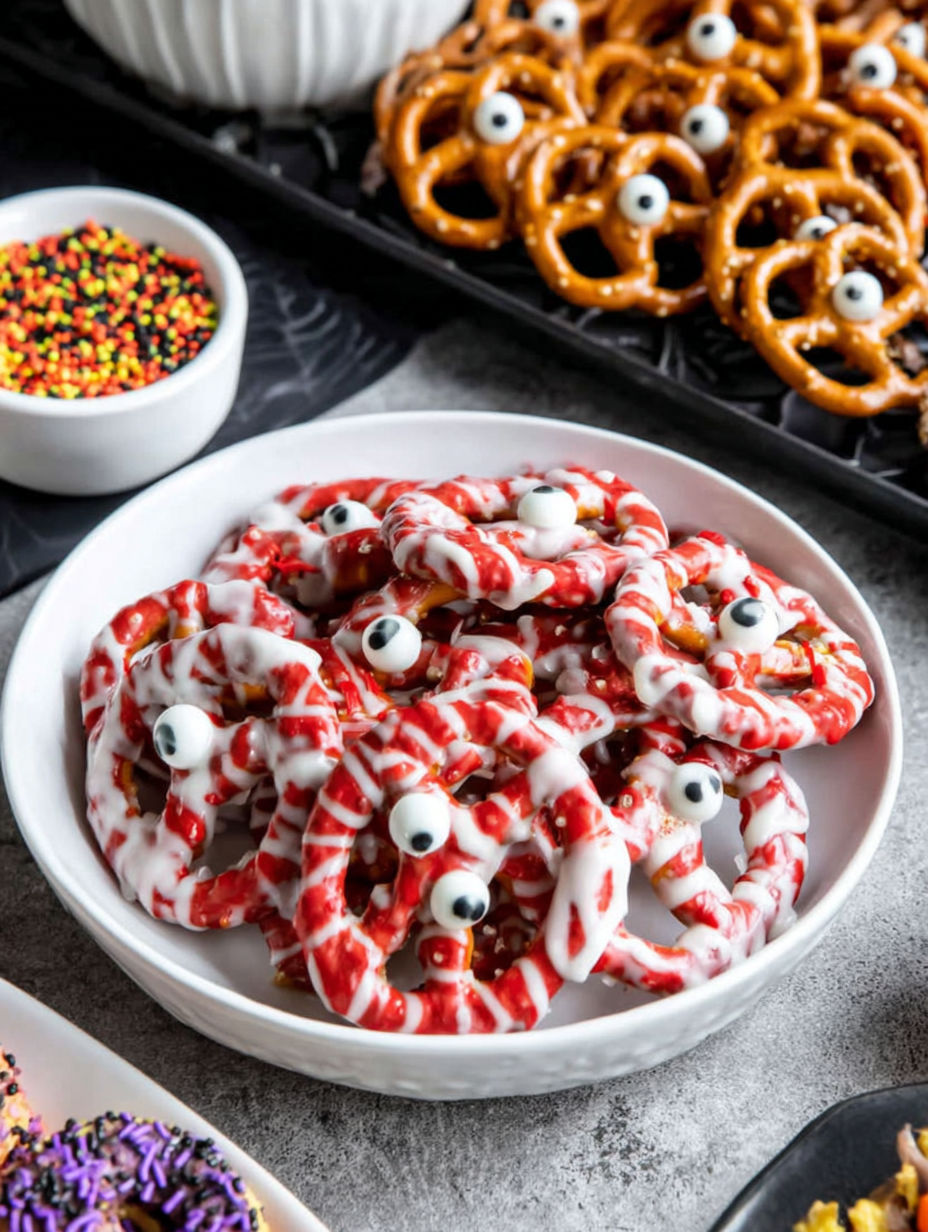 A plate of red and white pretzels with googly eyes.