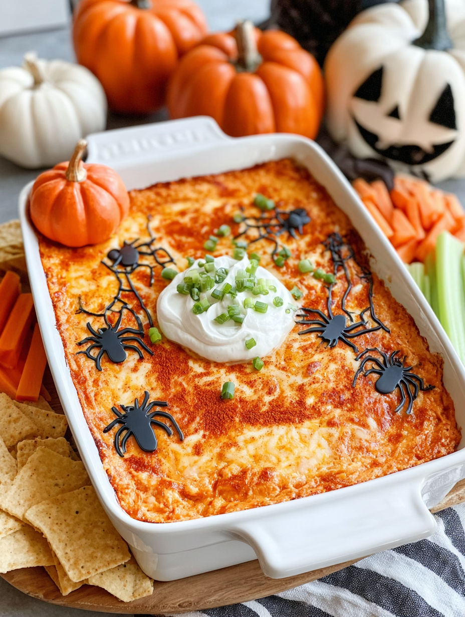 A white bowl filled with a cheesy dip with black spiders on top.