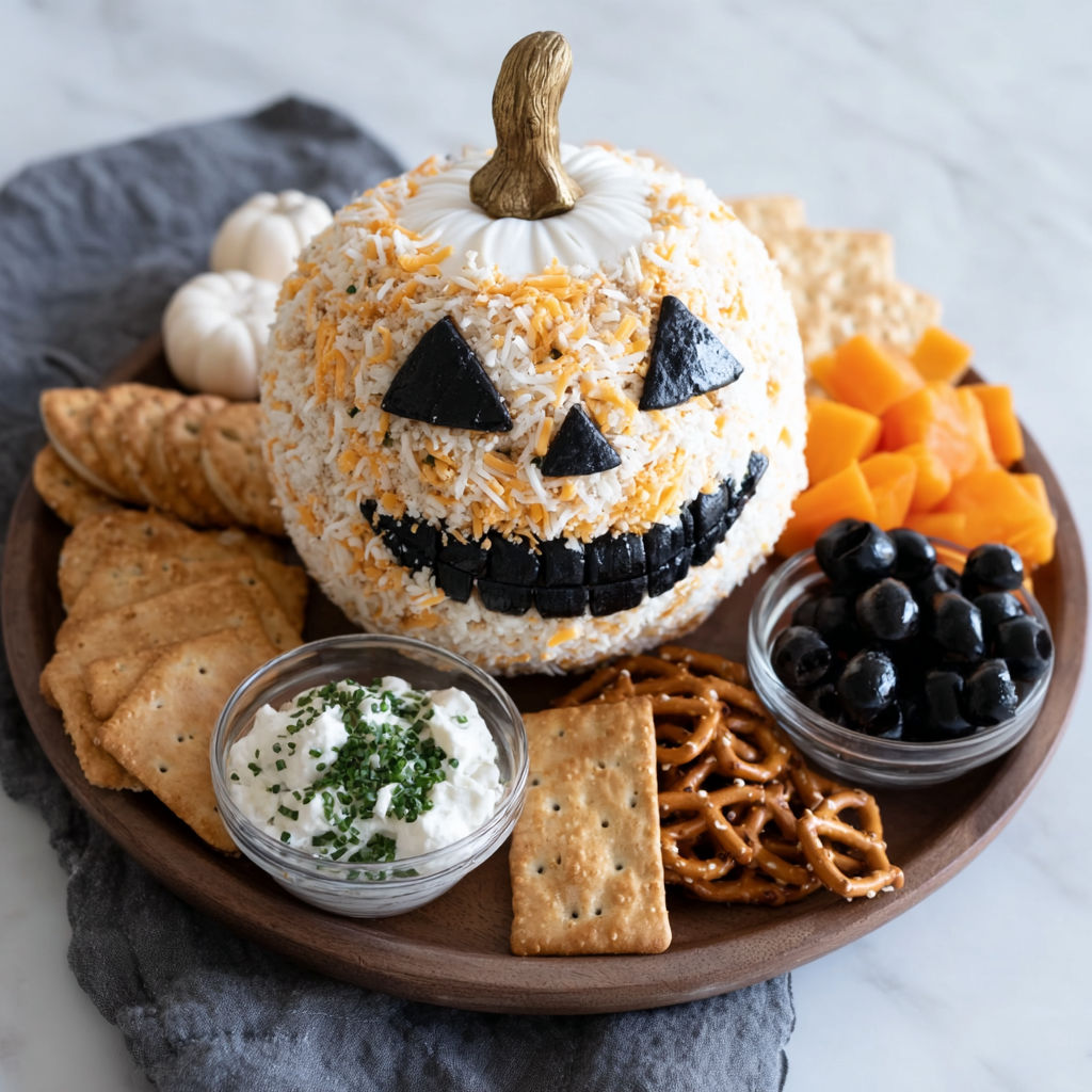 A Halloween cheese ball with a spooky face made from crackers and cheese.