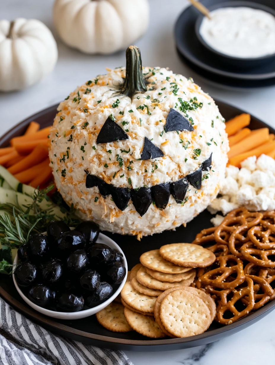 A Halloween cheese ball with a face made of crackers and cheese.