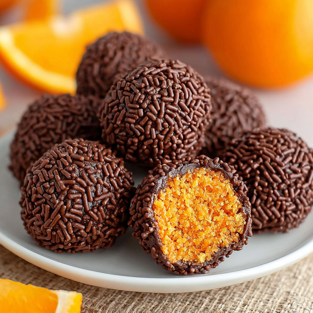 A plate of chocolate truffles with orange centers.