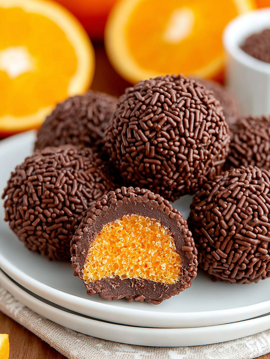 A plate of chocolate truffles with orange centers.