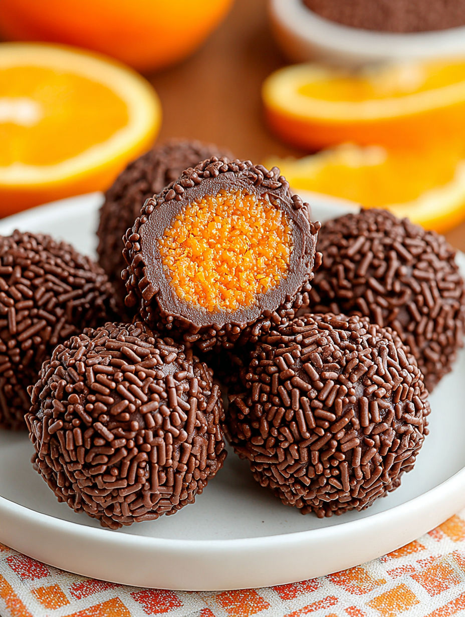 A plate of chocolate truffles with orange centers.
