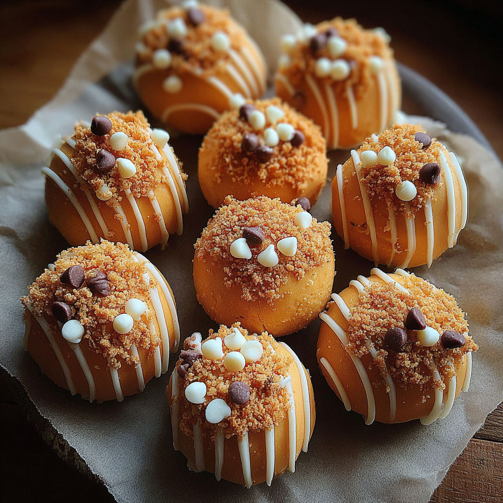 Pumpkin cheesecake truffles on a paper towel.