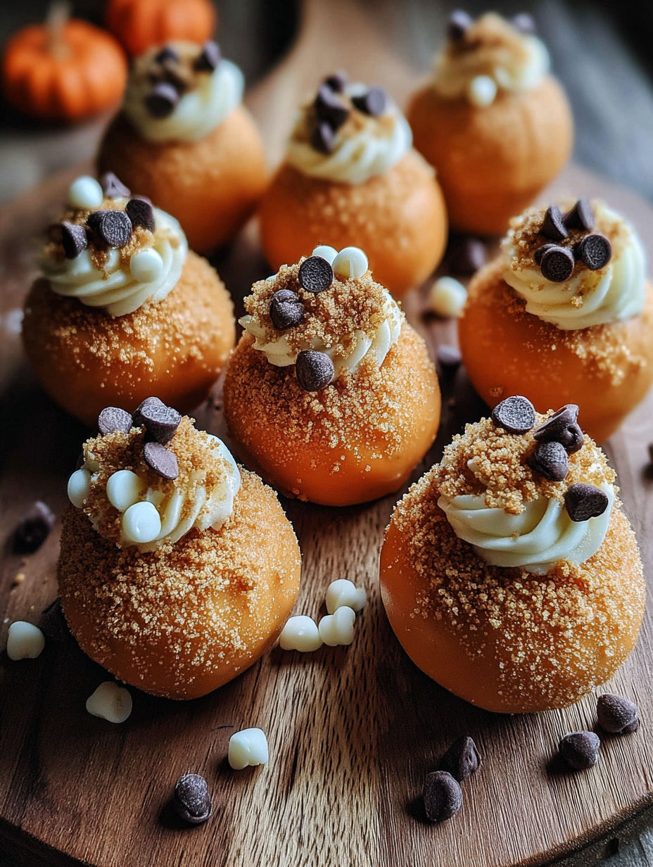 Pumpkin Cheesecake Truffles on a wooden table.