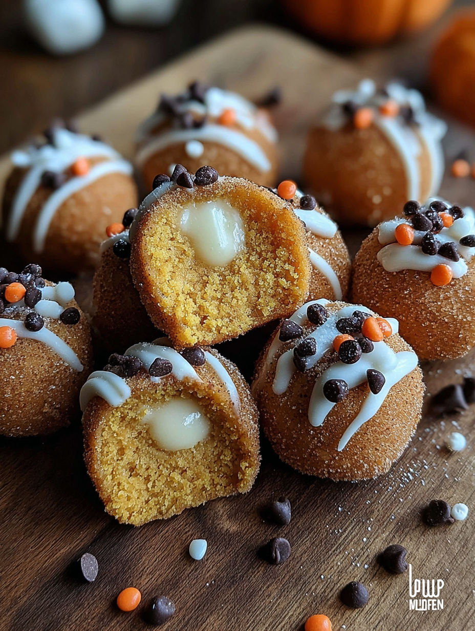 Pumpkin cheesecake truffles on a wooden table.