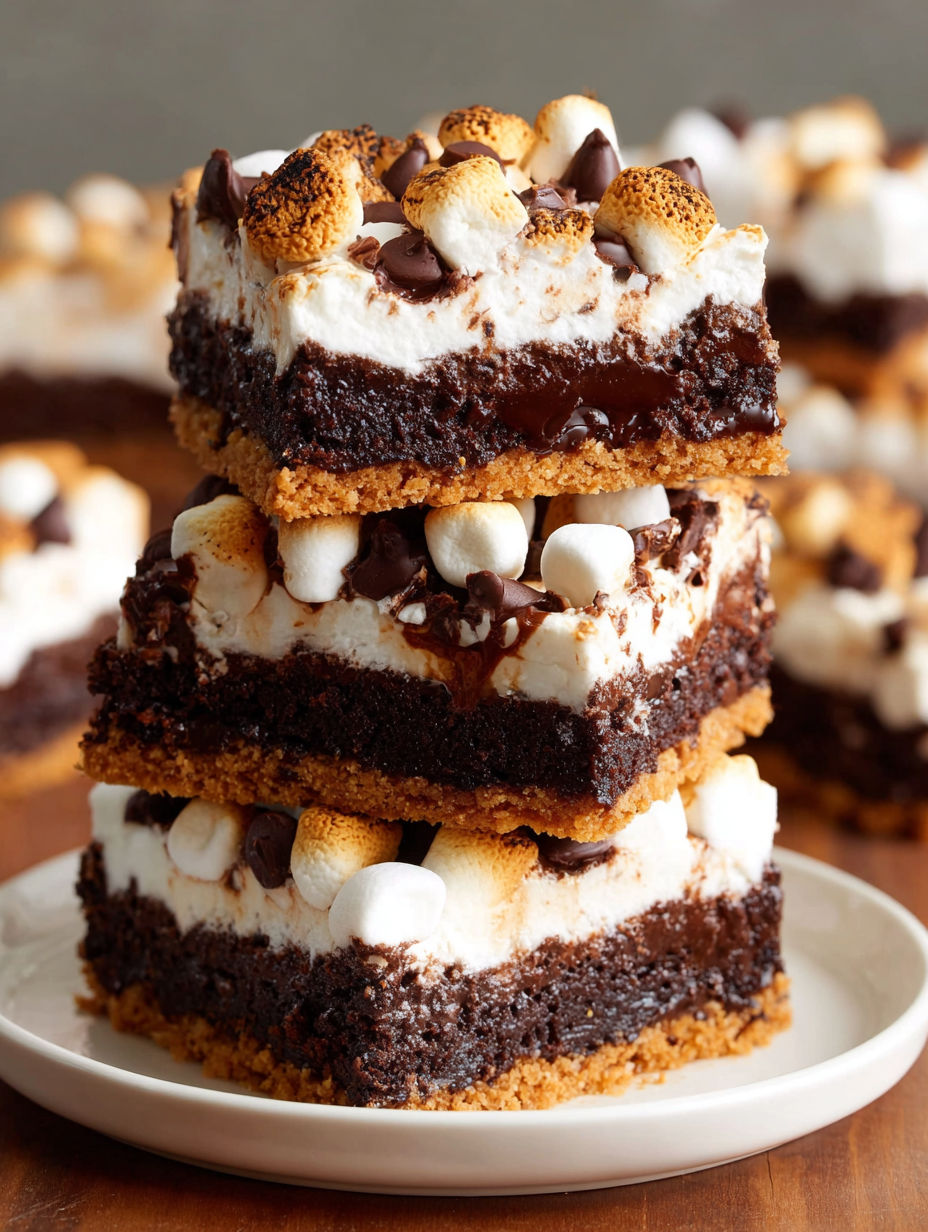 A stack of s'mores brownies on a plate.
