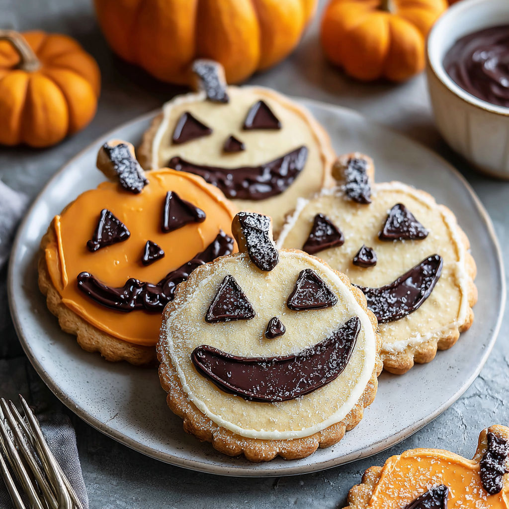 Jack-o-lantern cookies with chocolate drizzle.