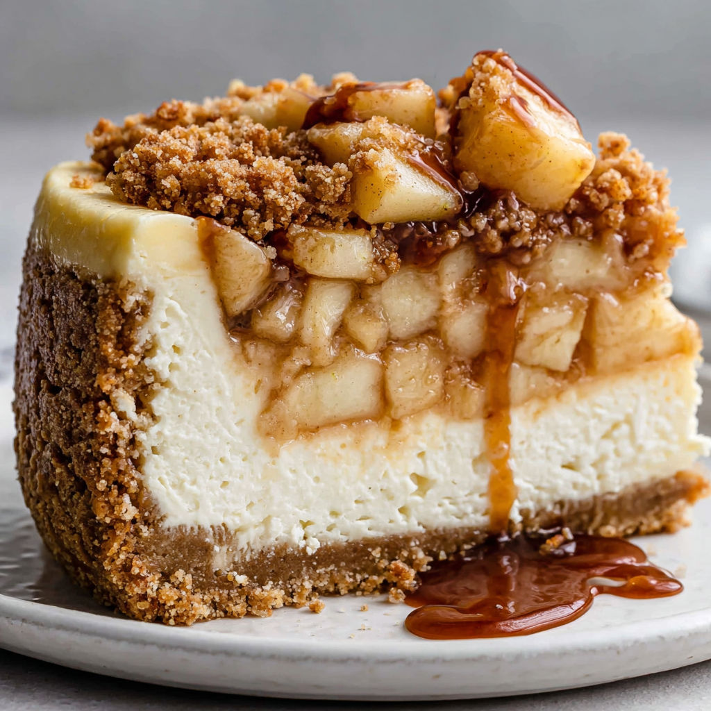 A slice of apple crumble cheesecake.