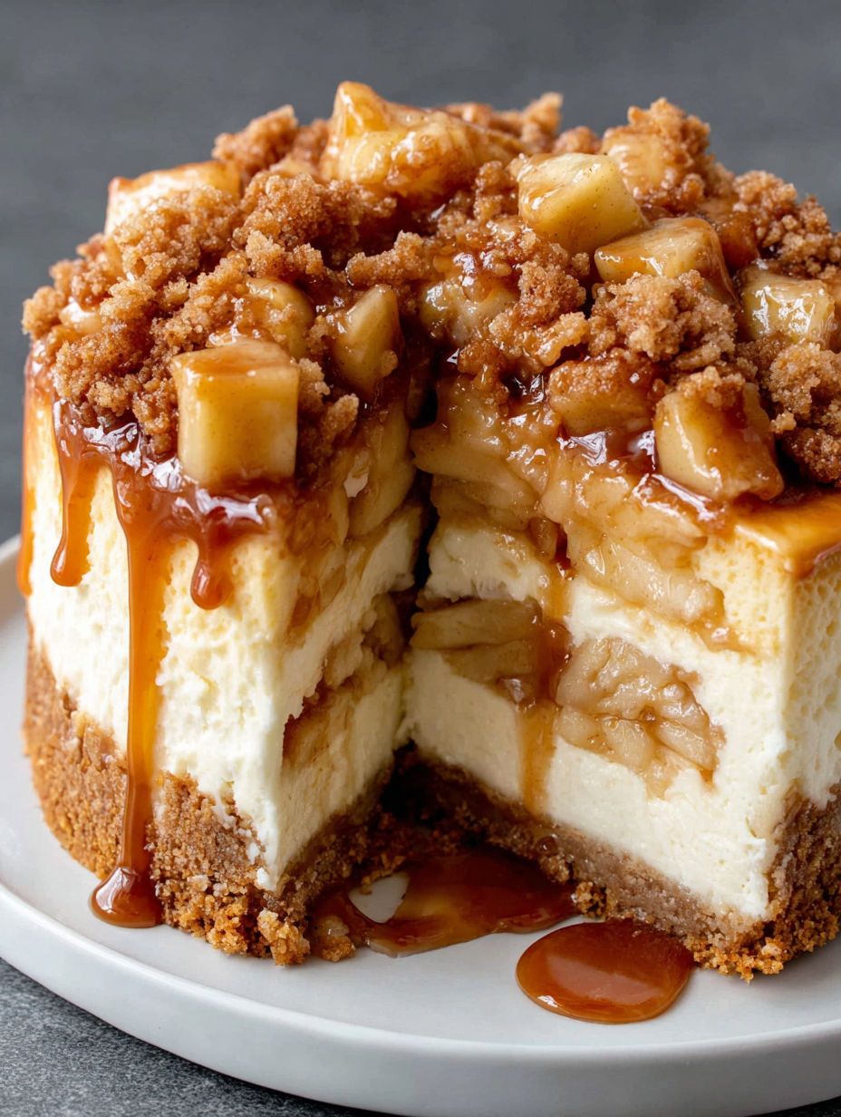 A slice of apple crumble cheesecake.