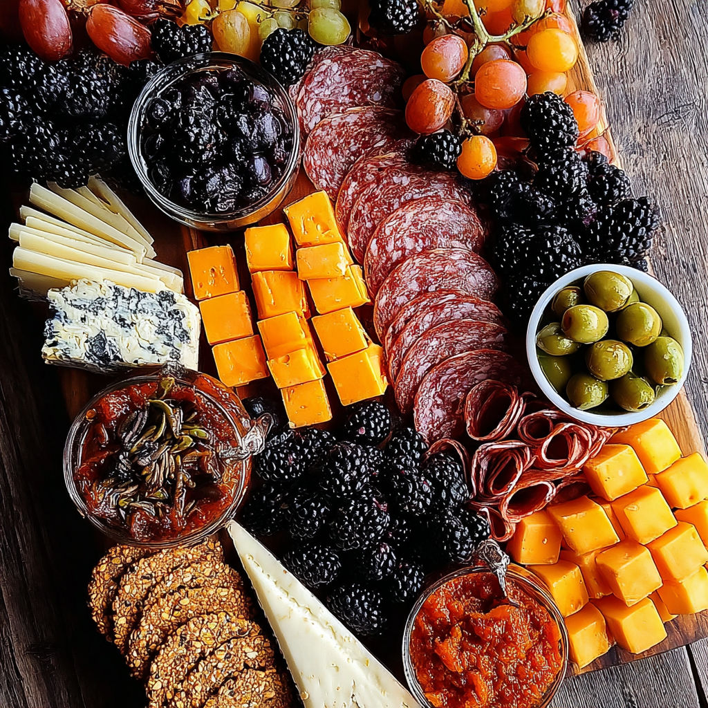 A variety of cheeses and meats on a wooden platter.