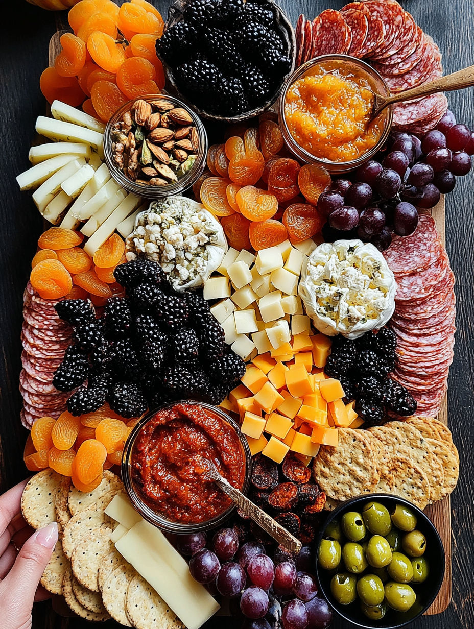 A charcuterie board with various foods and condiments.