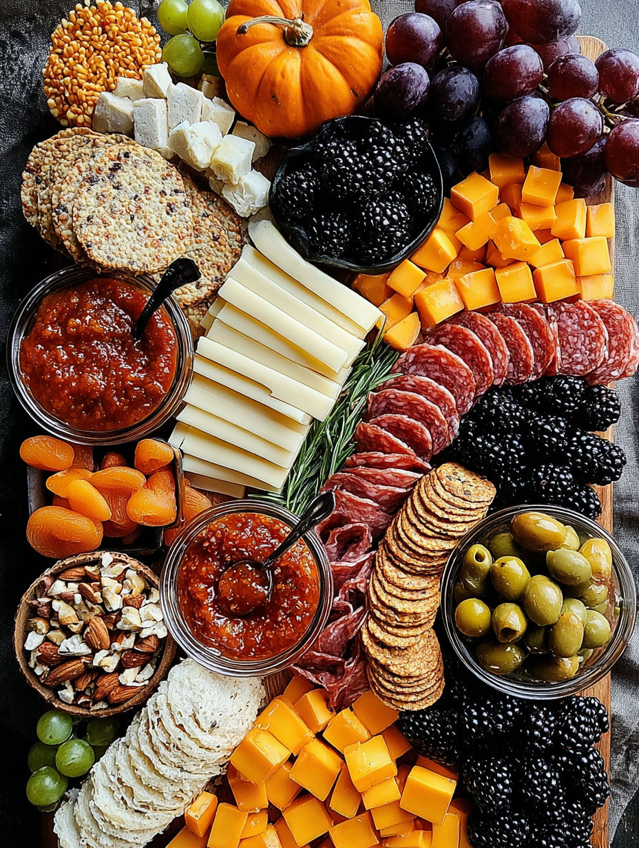 A variety of foods on a table, including cheese, crackers, and fruit.