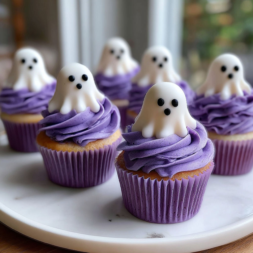 A plate of purple cupcakes with white frosting and ghost decorations.