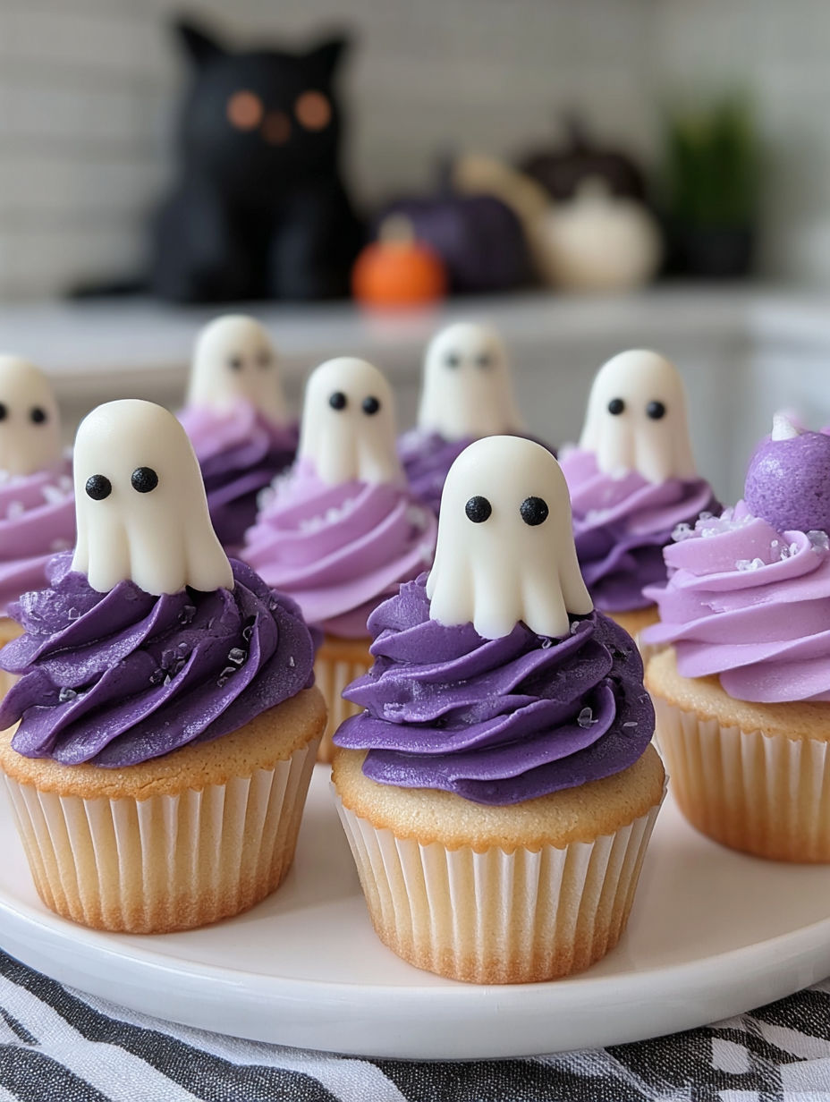 A plate of cupcakes with purple frosting and ghost decorations.