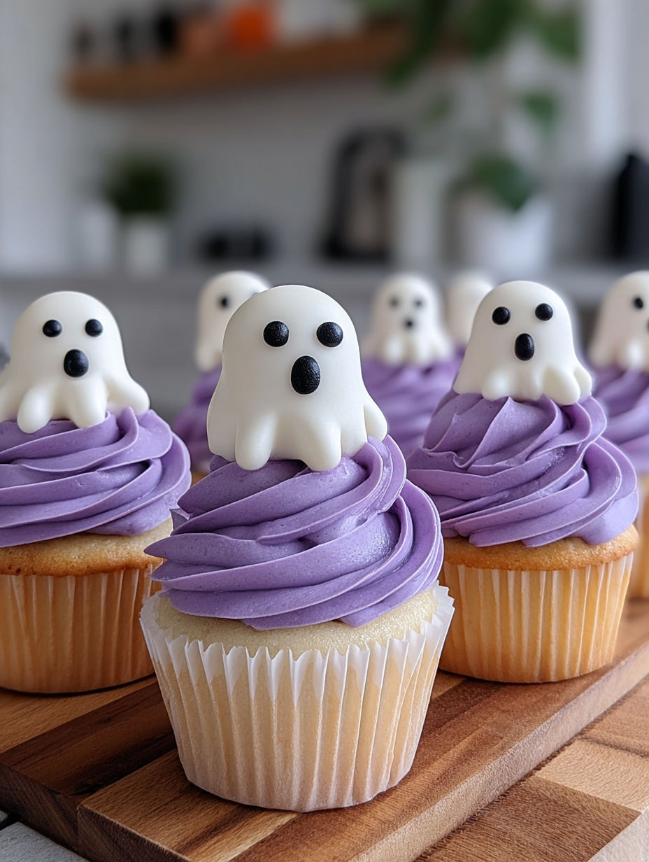 A row of cupcakes with purple frosting and white ghost decorations.