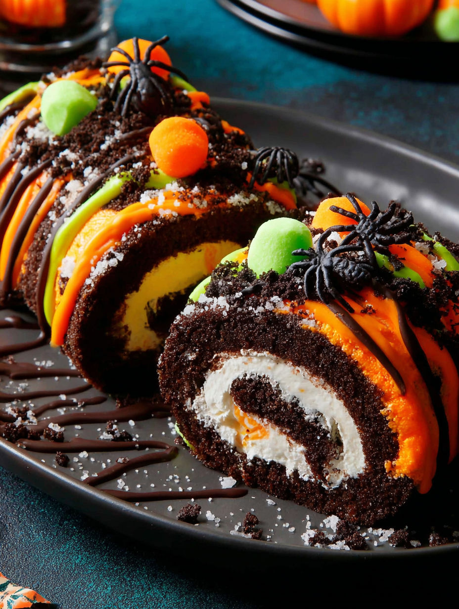 A Halloween Oreo Roll is displayed on a plate.