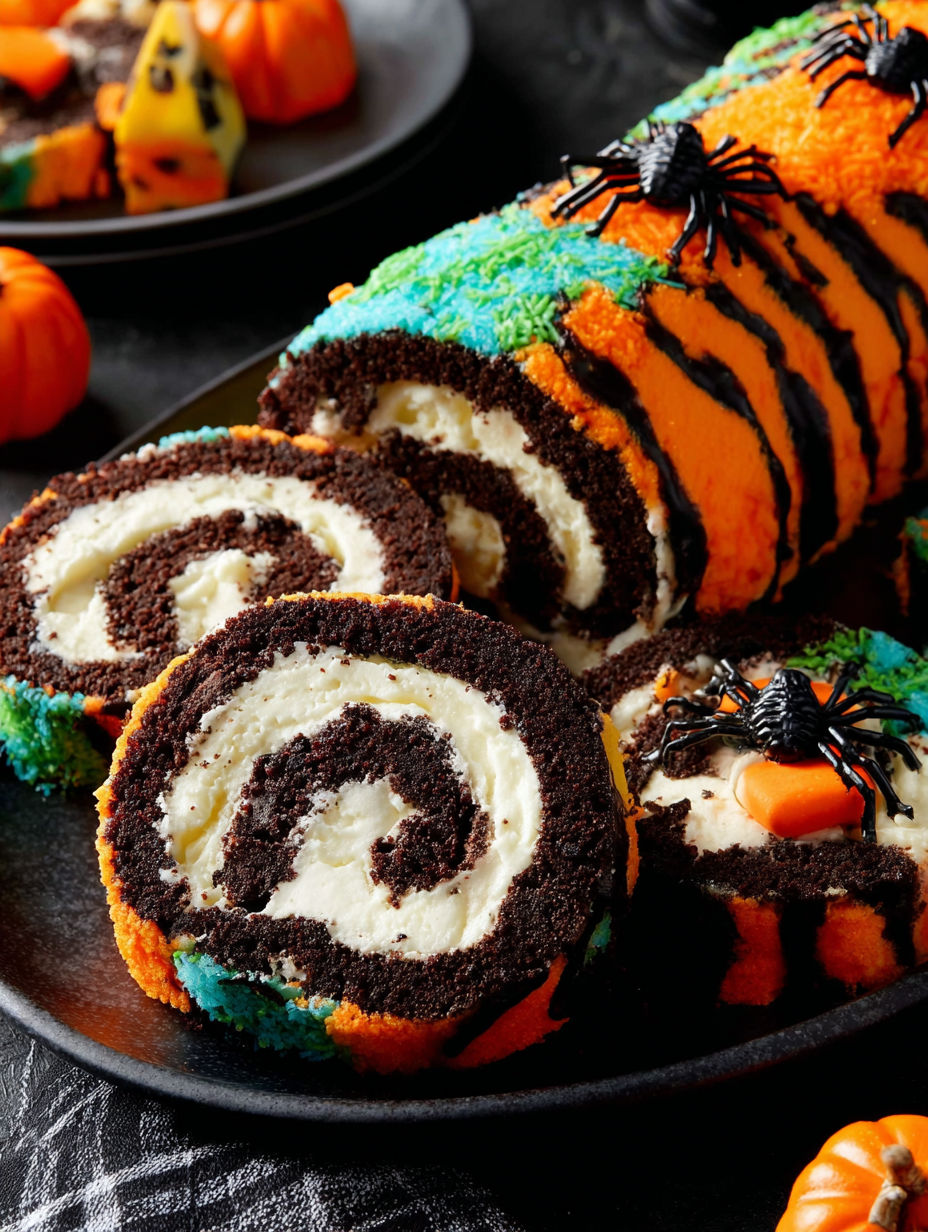 A Halloween Oreo Roll is displayed on a plate.