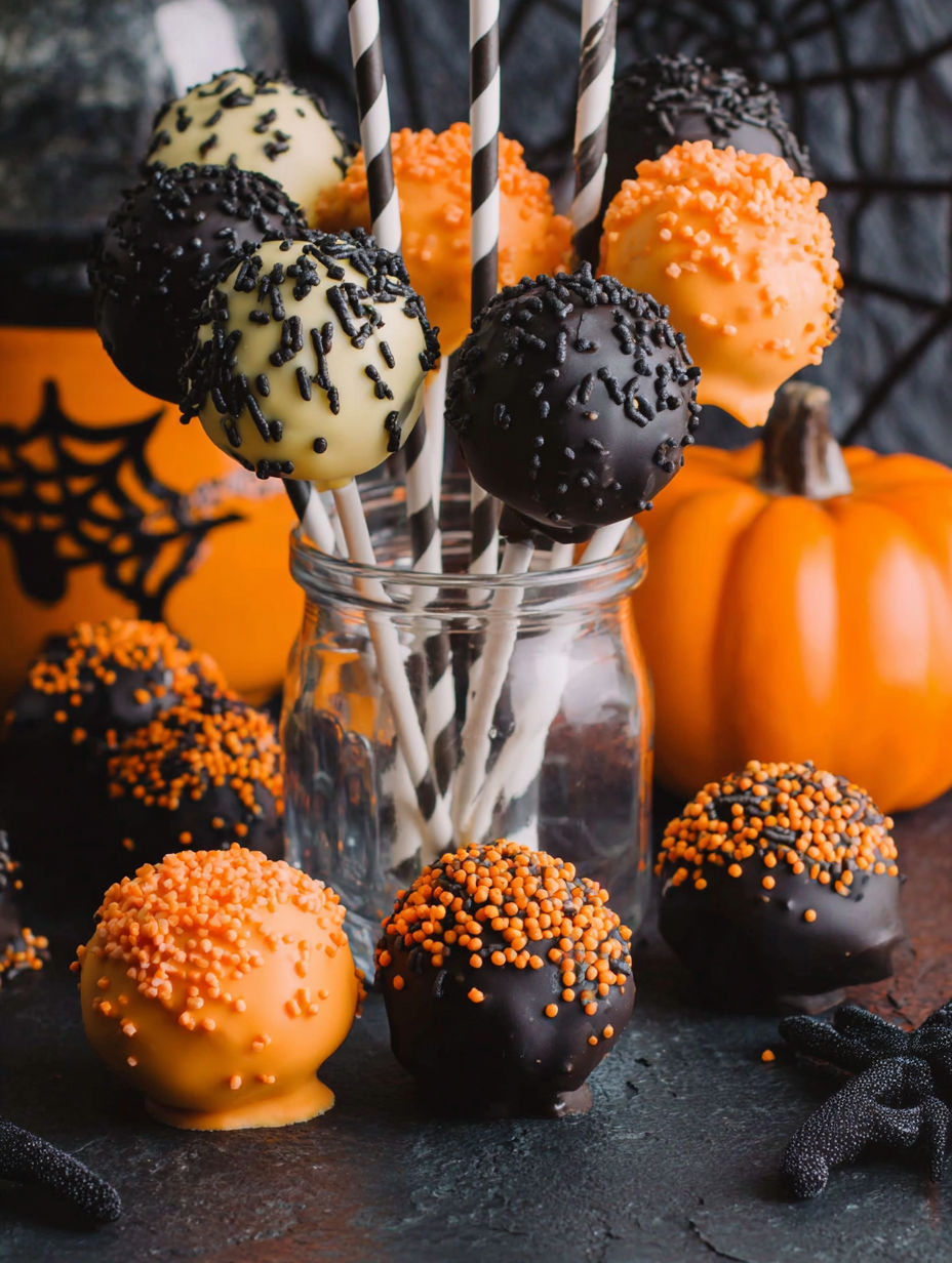 Halloween cake pops on a table.