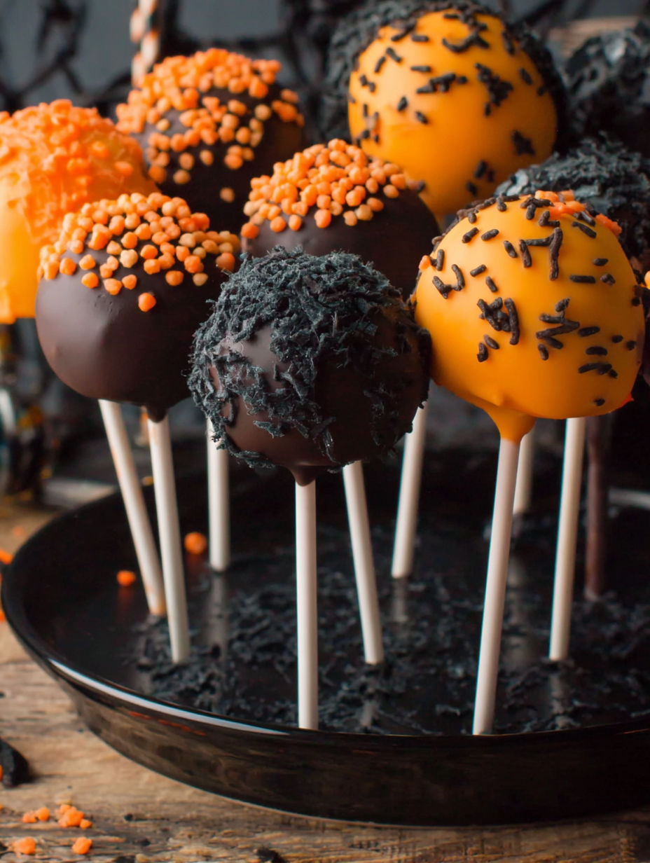 Halloween cake pops on a plate.