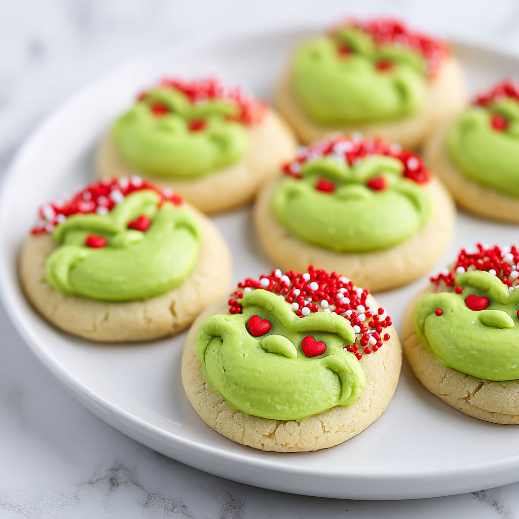 A plate of green thumbprint cookies with red hearts.