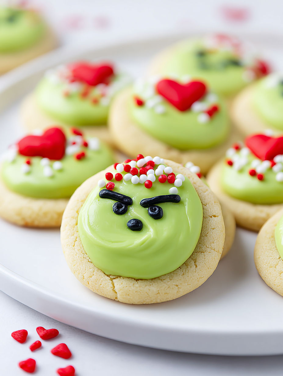 Green thumbprint cookies with red and white icing and black eyes.