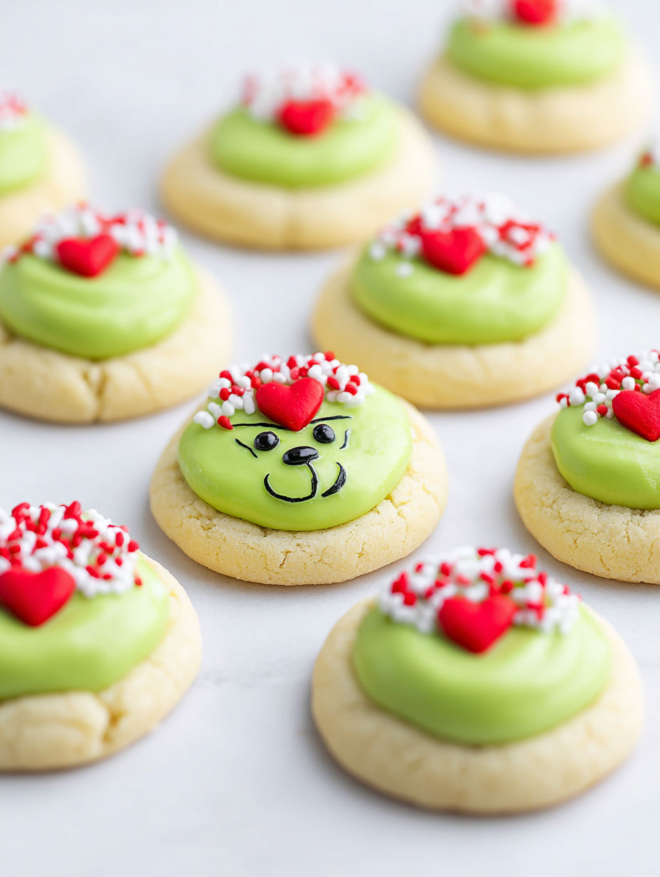 Grinch cookies with hearts and red and white sprinkles.