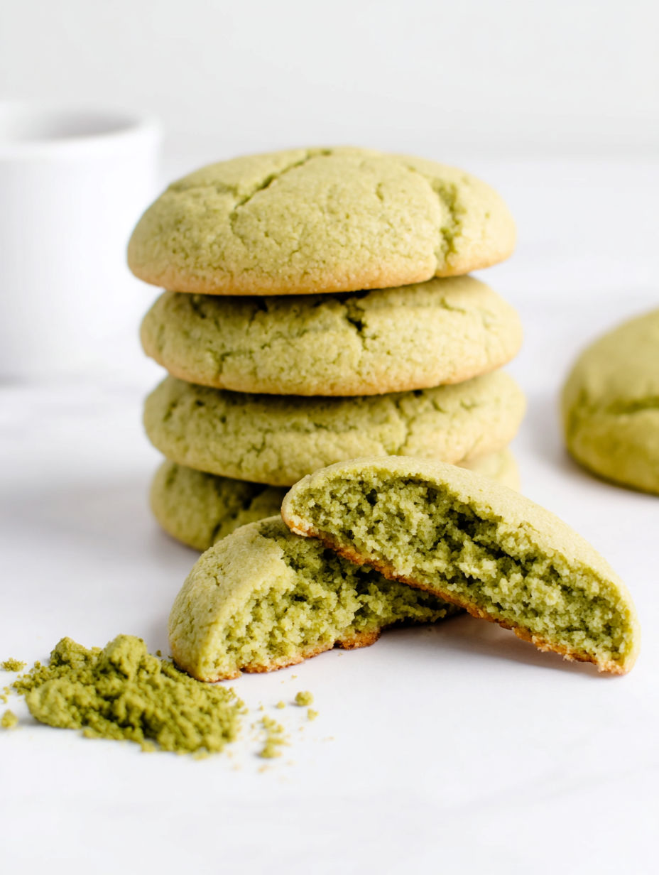 Green tea cookies stacked on a table.