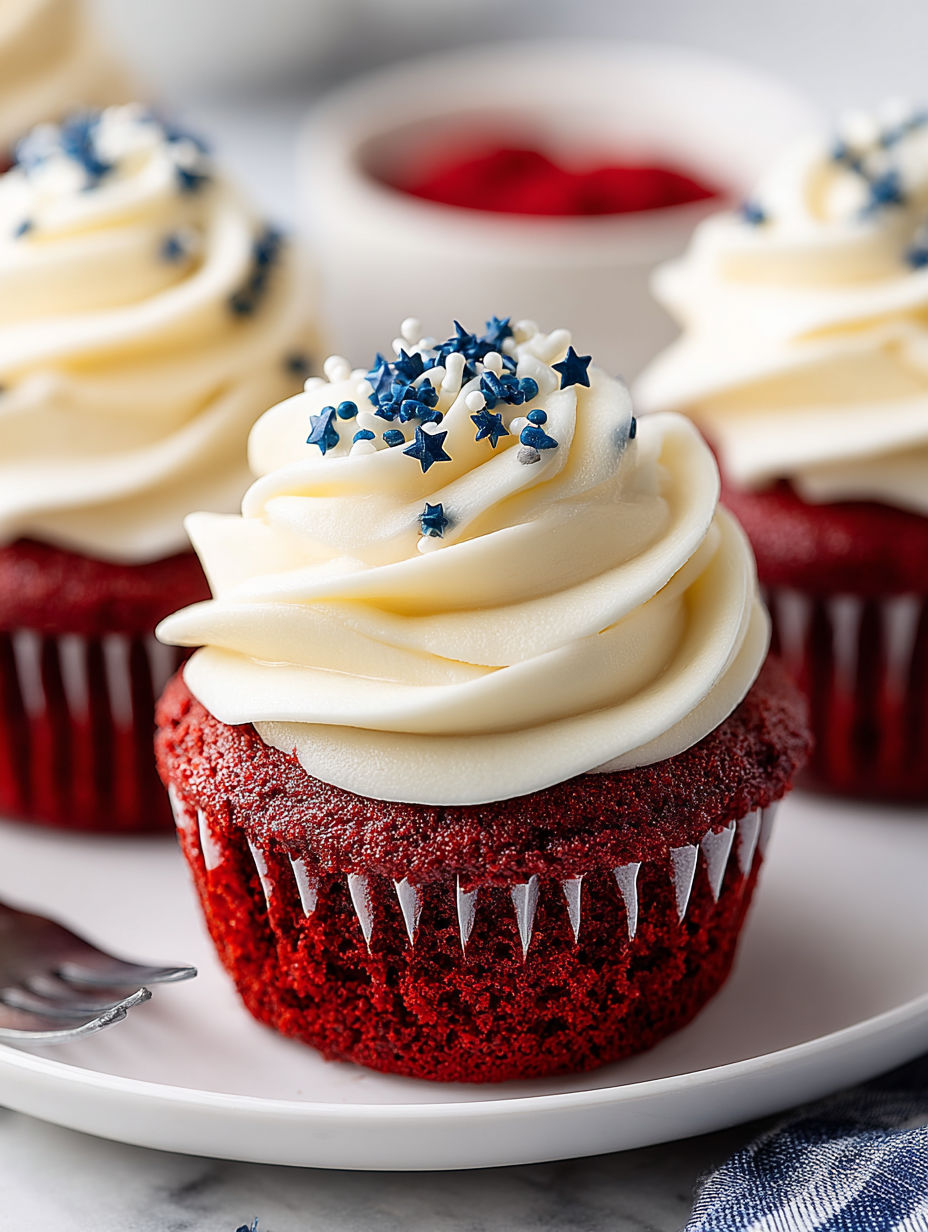 A red velvet cupcake with white frosting and blue stars.