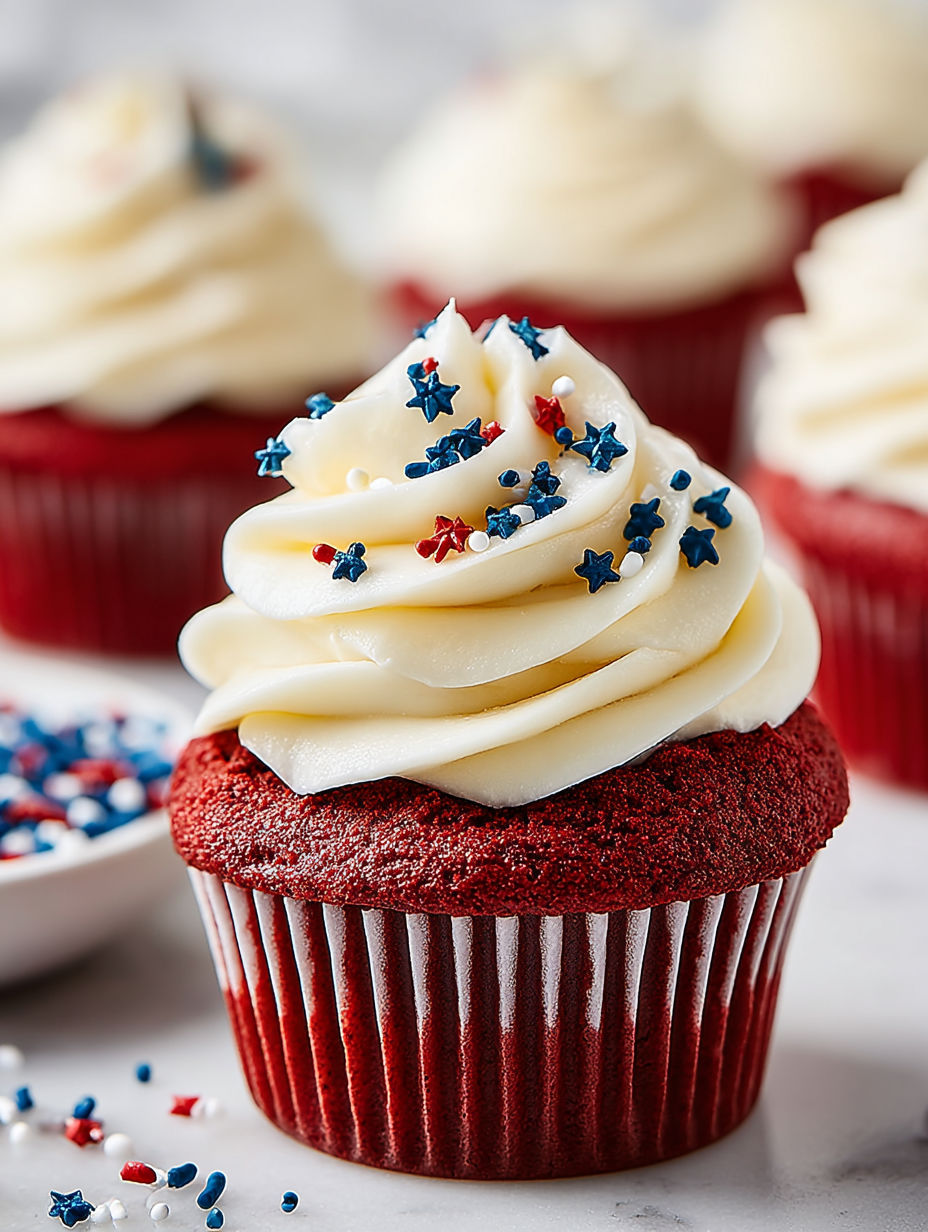A red cupcake with white frosting and stars.