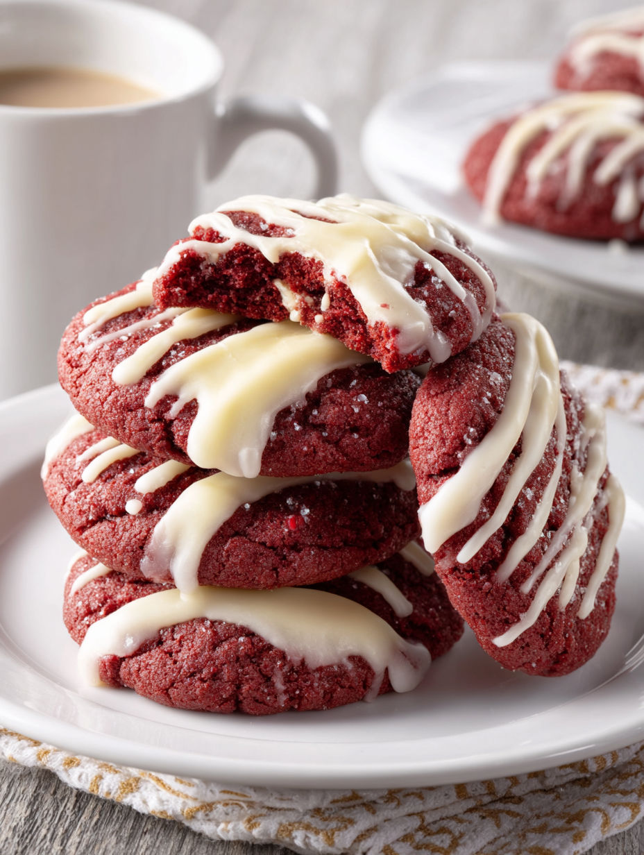 Red velvet cookies stacked on a plate.