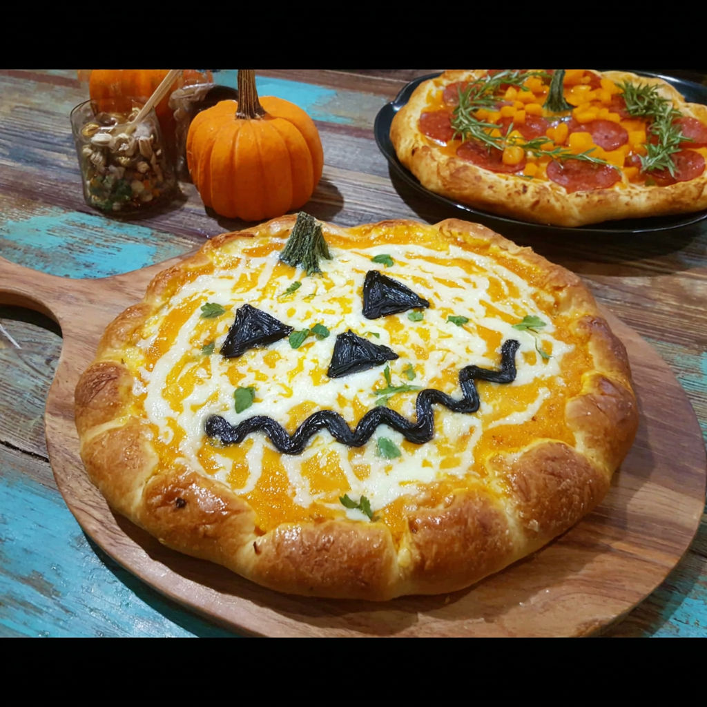 A pumpkin-crust Halloween pizza.