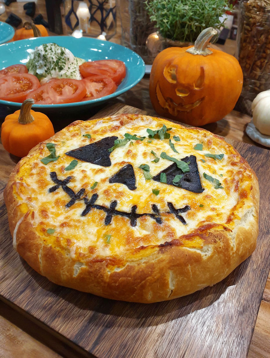 A pumpkin-crust Halloween pizza with a face drawn on it.