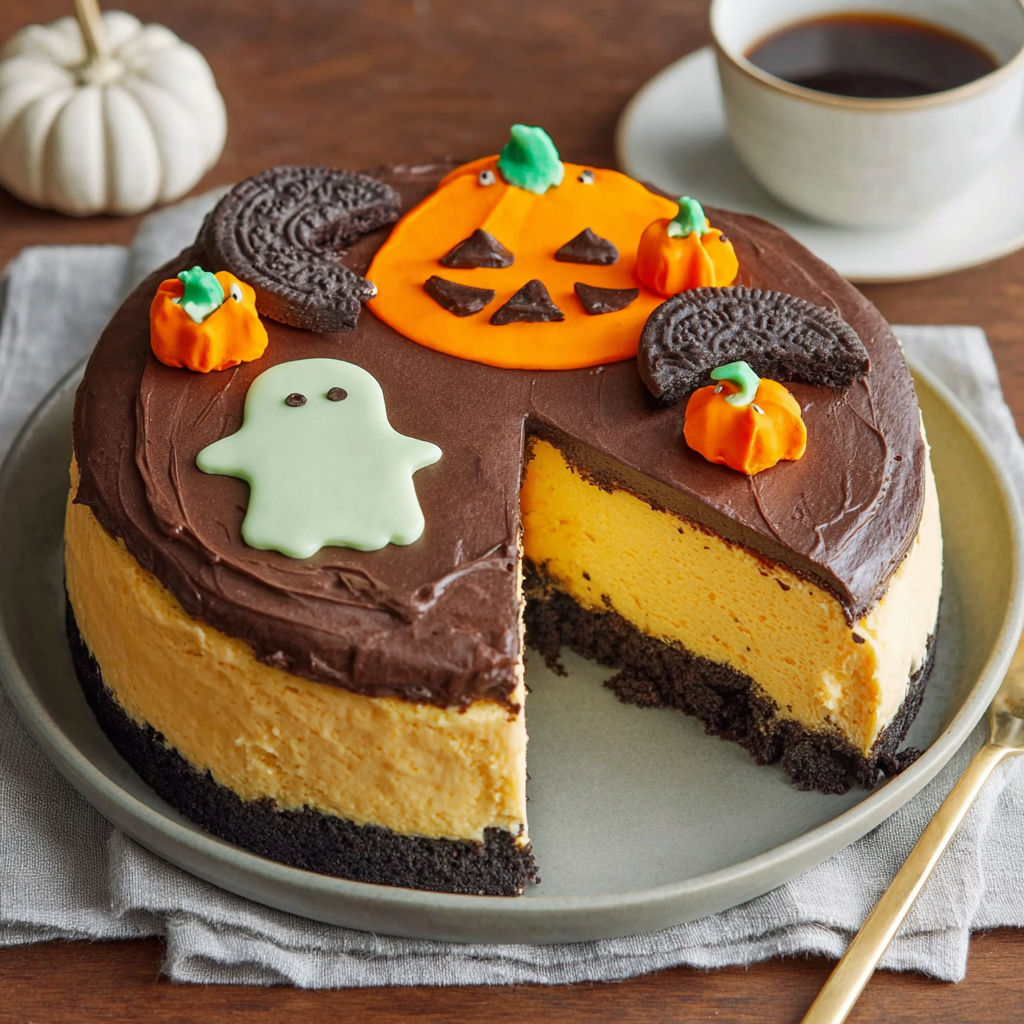 A slice of Halloween themed cheesecake.