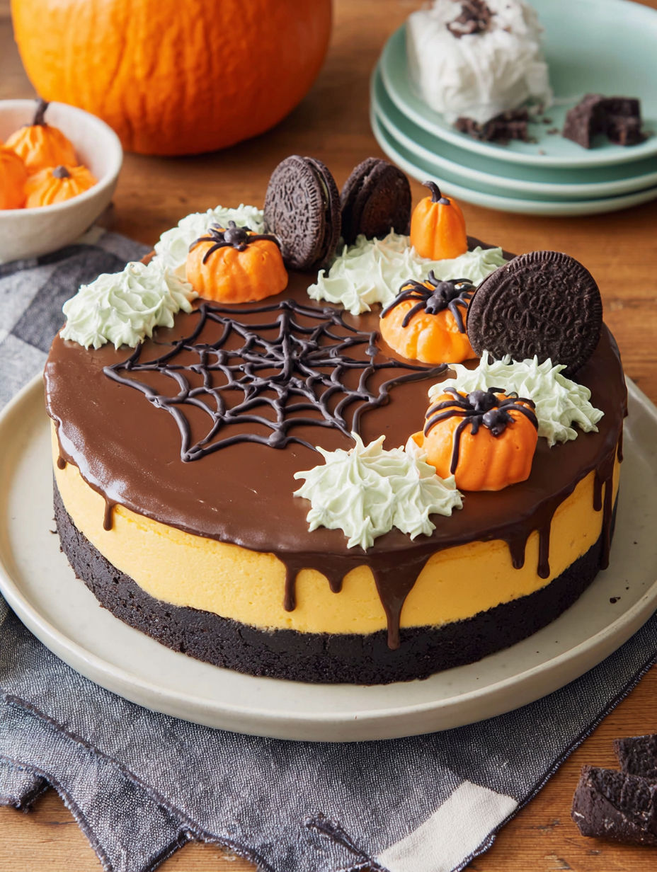 A Halloween themed cheesecake with chocolate and white frosting.