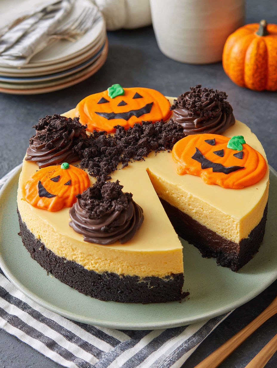 A slice of Halloween cheesecake with pumpkins on it.