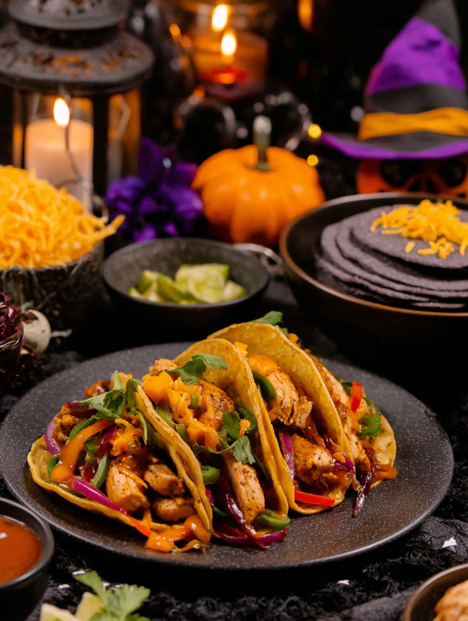 A plate of chicken fajitas with a spooky Halloween dinner setting.