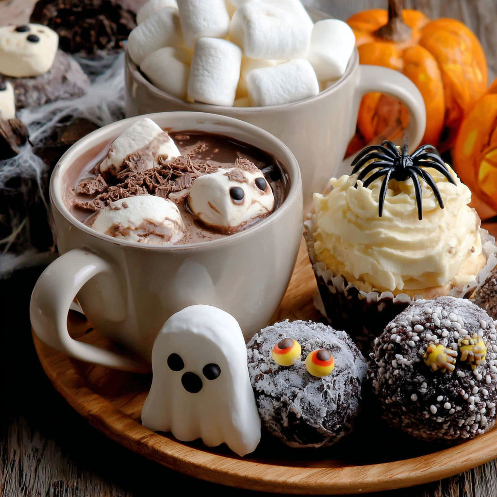 Halloween hot cocoa bombs with marshmallows and cupcakes.