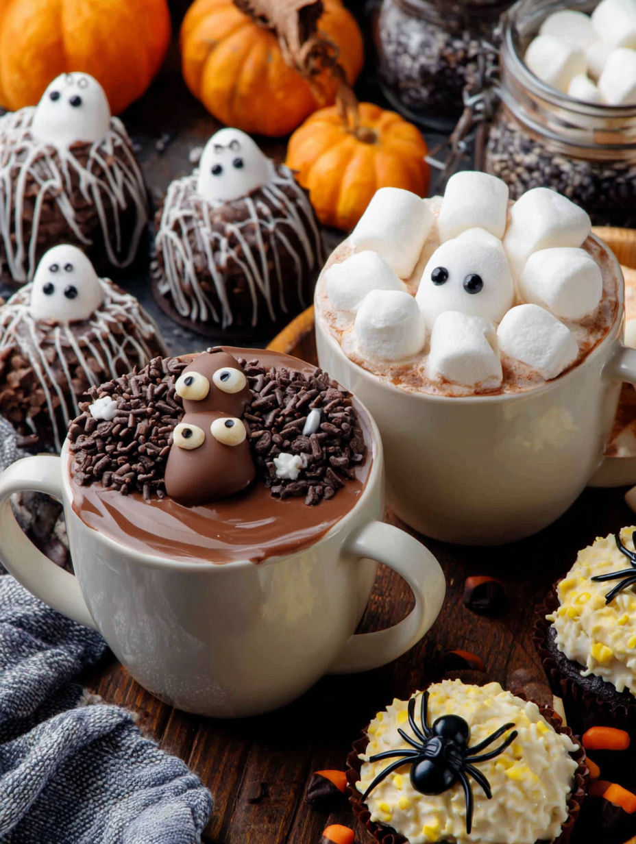 Halloween hot cocoa bombs with marshmallows and chocolate.