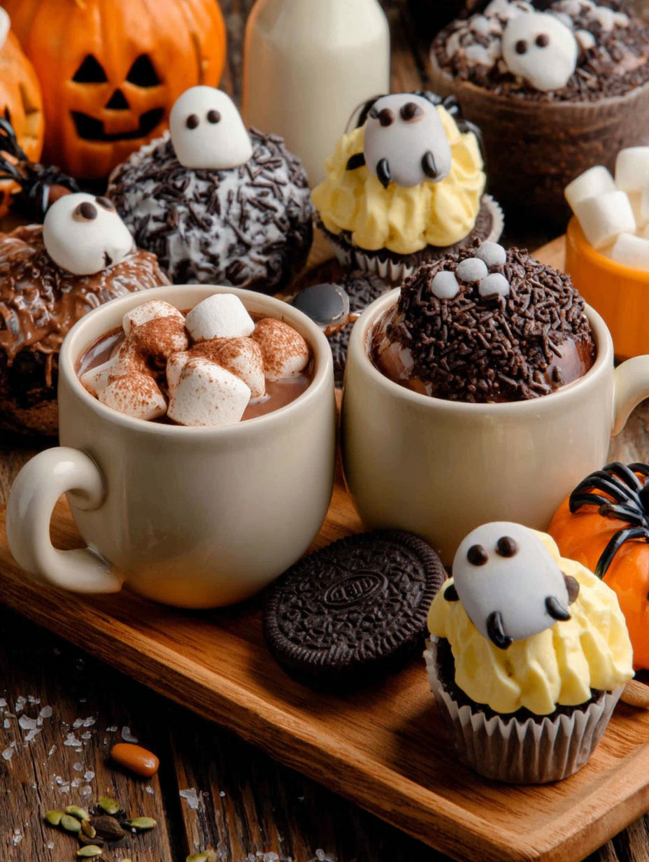Halloween hot cocoa bombs with marshmallows and cookies.