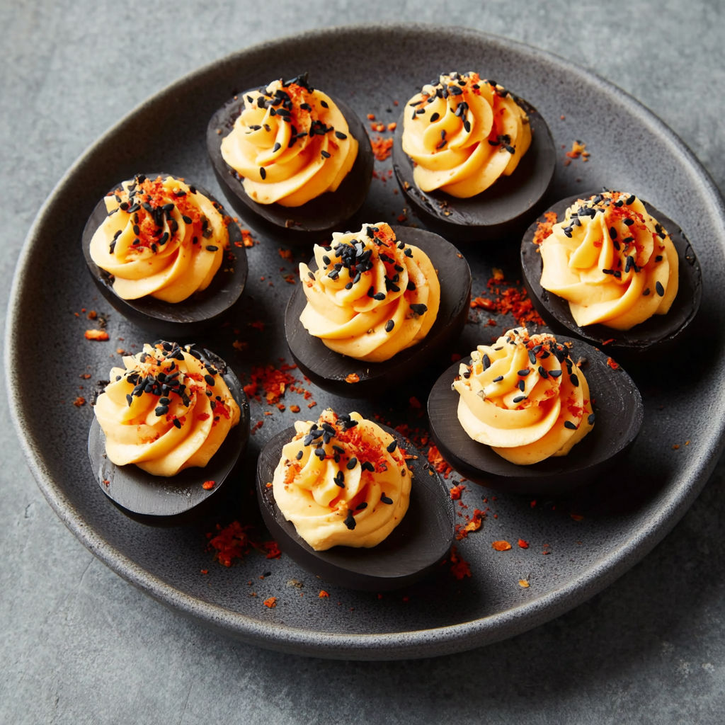A plate of Halloween Deviled Tea Eggs.