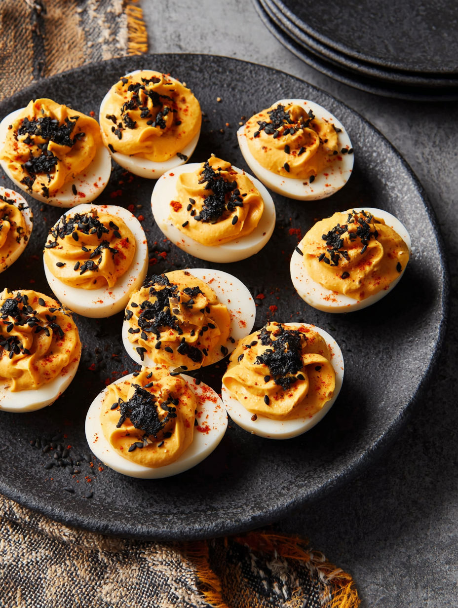 Halloween deviled tea eggs on a plate.