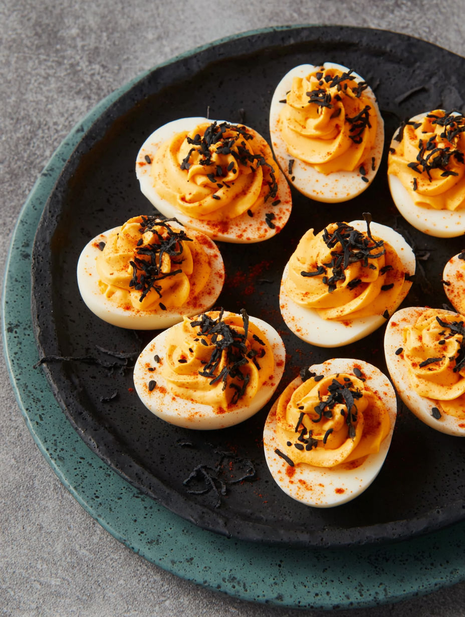 A plate of deviled eggs with orange sauce and black seasoning.