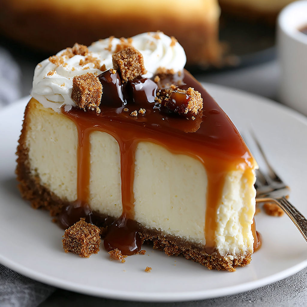 A slice of caramel cheesecake on a white plate.