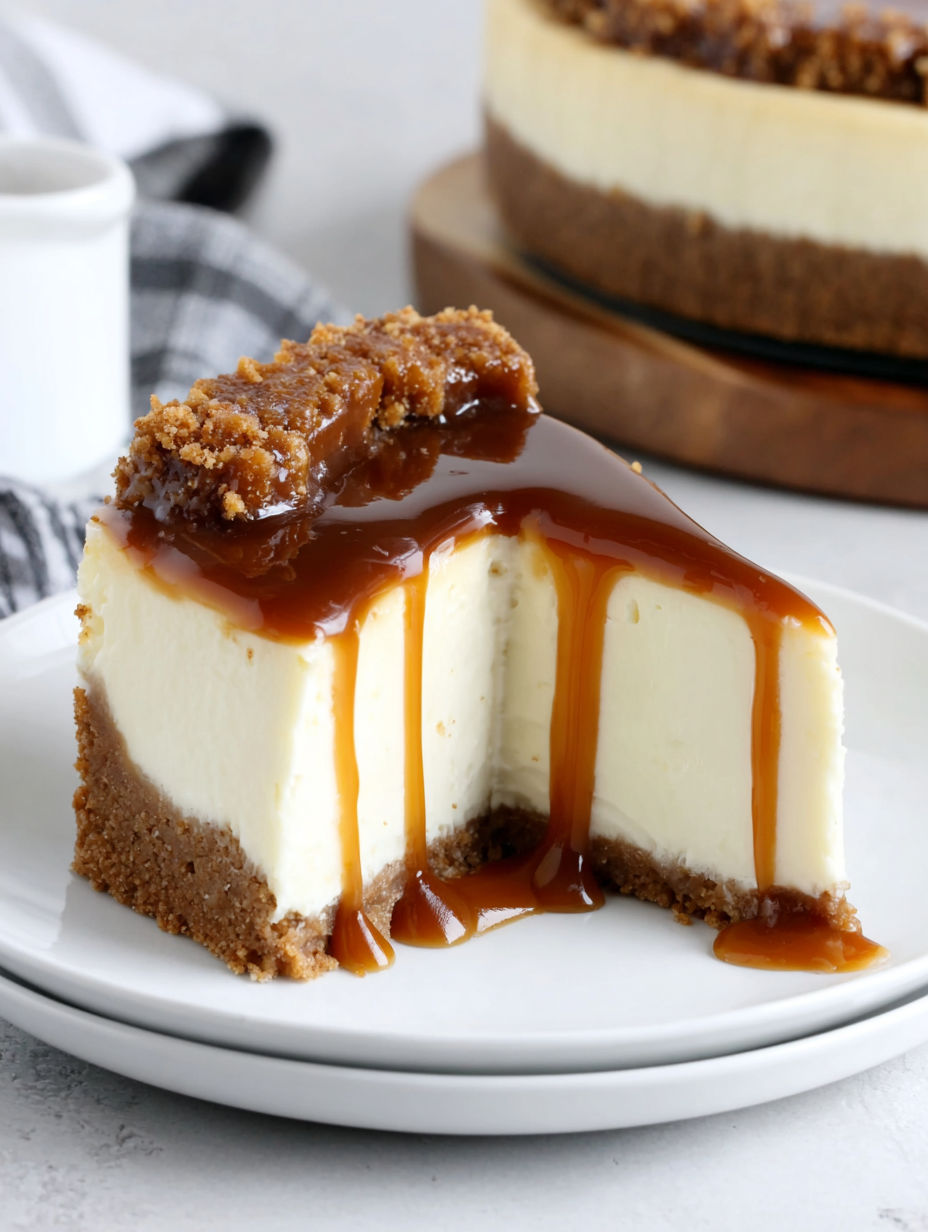 A slice of caramel cheesecake on a white plate.